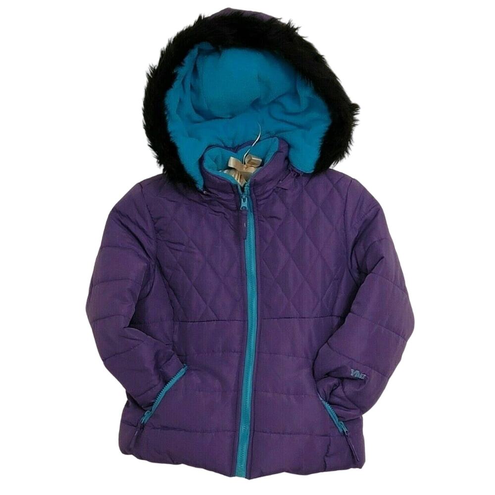Girls Jacket Size L 6X Quilted Puffy Style Removable Hood Purple Blue Coat